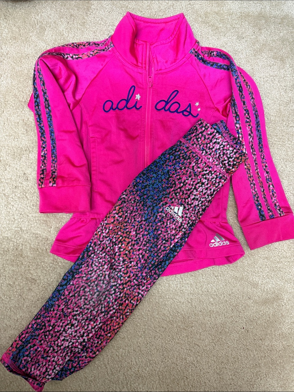 adidas Hot Pink Girls' Track Jacket & Multicolor Print Leggings